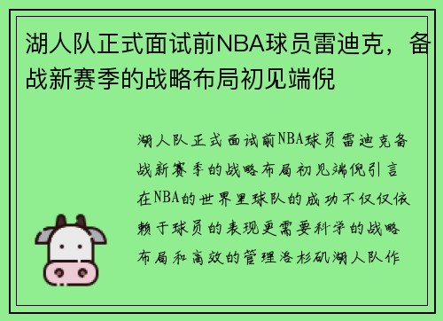 湖人队正式面试前NBA球员雷迪克，备战新赛季的战略布局初见端倪