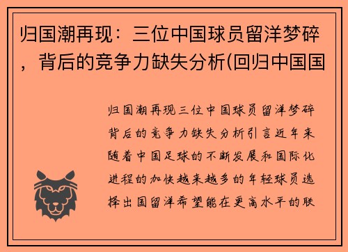 归国潮再现：三位中国球员留洋梦碎，背后的竞争力缺失分析(回归中国国籍的运动员)