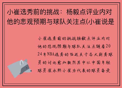 小崔选秀前的挑战：杨毅点评业内对他的悲观预期与球队关注点(小崔说是)