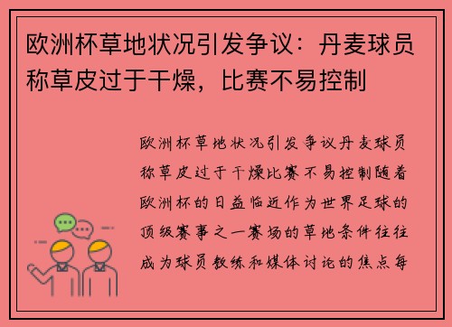 欧洲杯草地状况引发争议：丹麦球员称草皮过于干燥，比赛不易控制